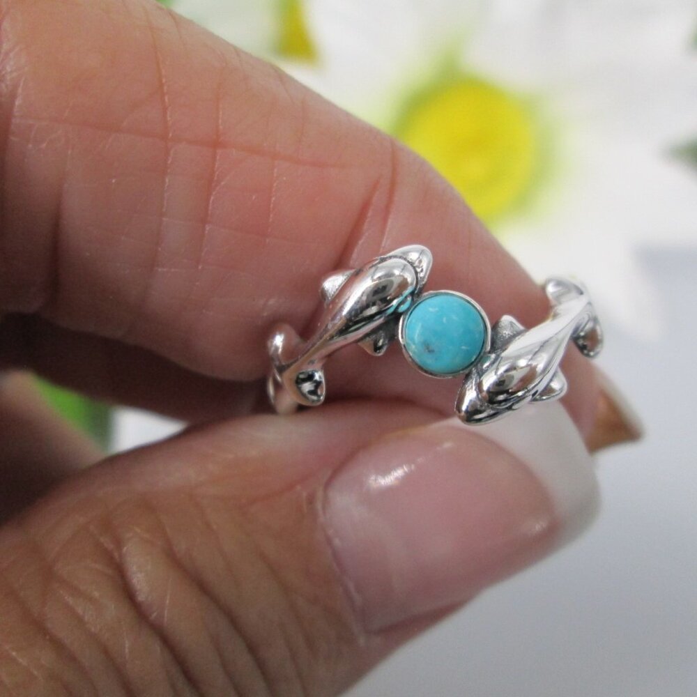 Dolphin Ring>925 Sterling and Genuine Turquoise Dolphin Ring,Double Dolphin Ring